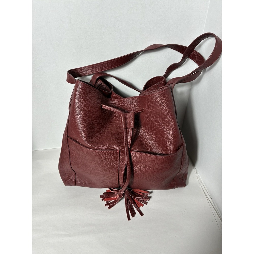 LAGGO burgundy pebbled leather Drawstring Sholder Bag Boho‎ magnetic closure